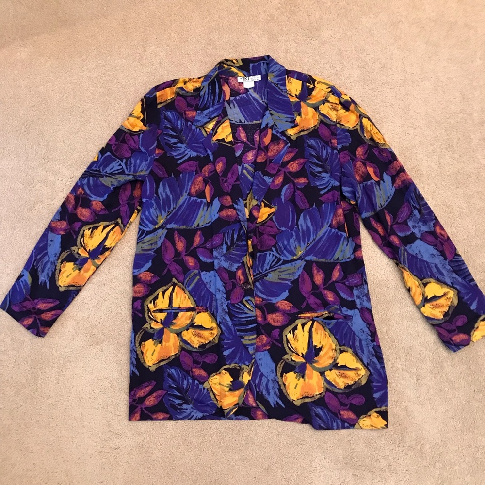 Vintage 80s Lightweight Blazer Jacket Size 14 Large Bold Floral USA Made Eclecti